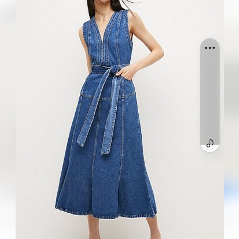 Karen Millen Blue Denim Midi Dress with Tie Waist